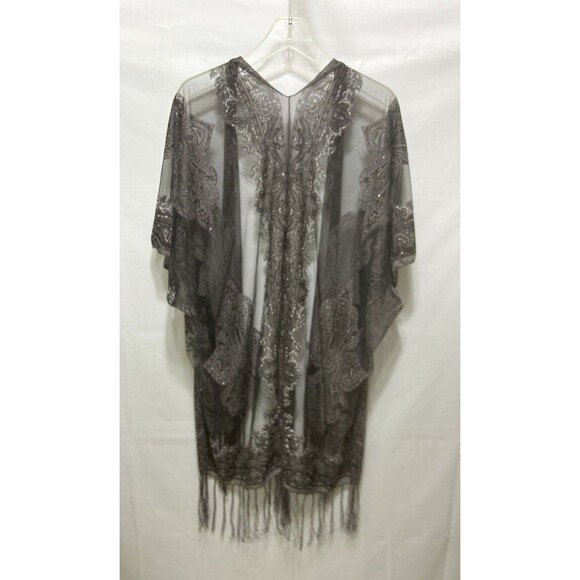 Unbranded Womens One Size Embroidered Gray Purple‎ Shawl Kimono Duster Tassels - Picture 10 of 12